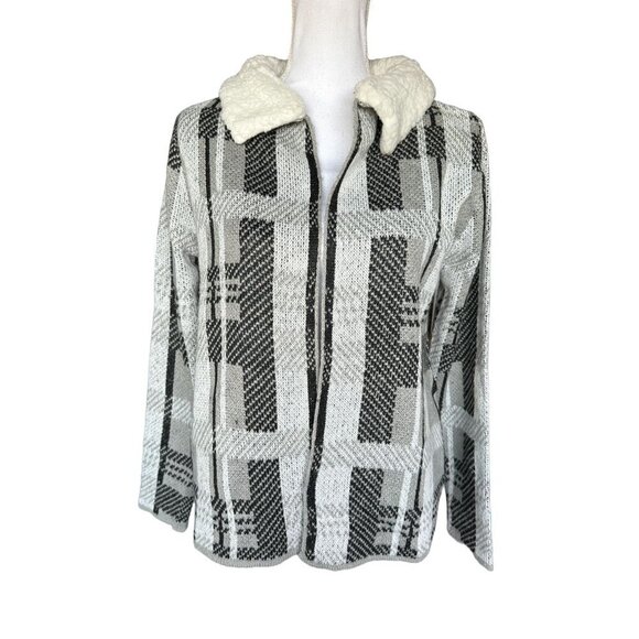 By Design Women's Cardigan Sweater Gray Ivory Black Thelma Sherpa Size Small NEW - Picture 1 of 12